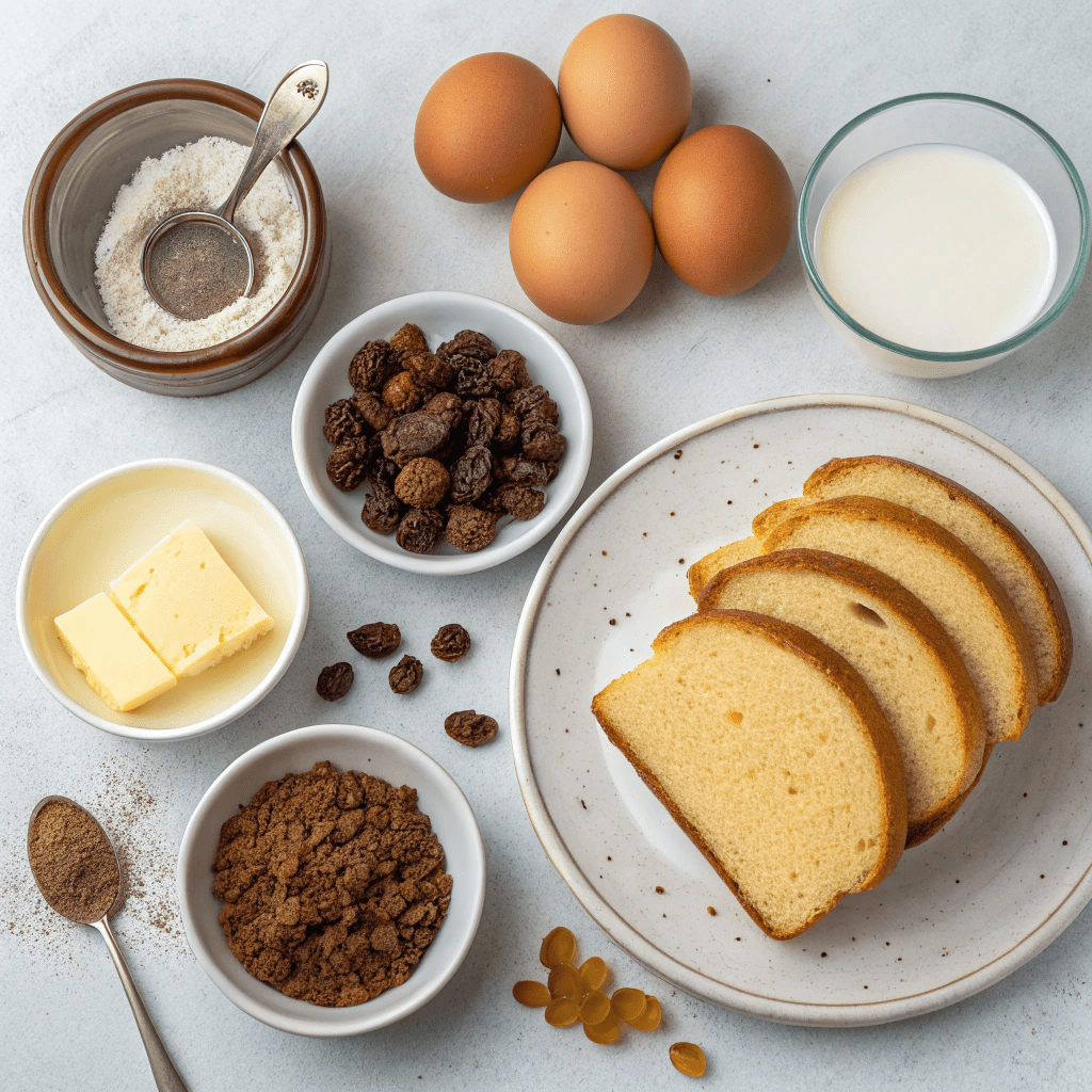 Ingredients for Rum Raisin Bread and Butter Pudding