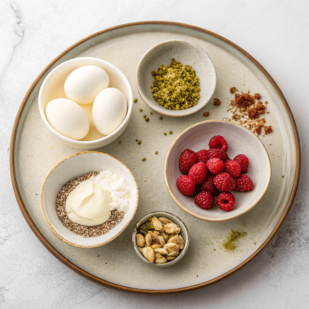 Ingredients for Raspberry Meringues with Pistachios