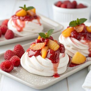 Meringues with Peach and Raspberry Compote Recipe