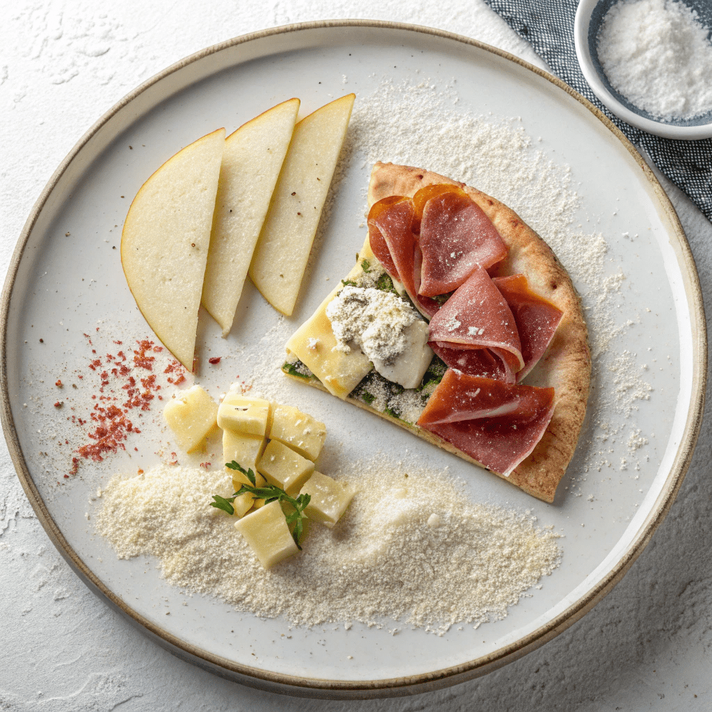 Ingredients for Pear, Prosciutto, and Gorgonzola No-Knead Pizza