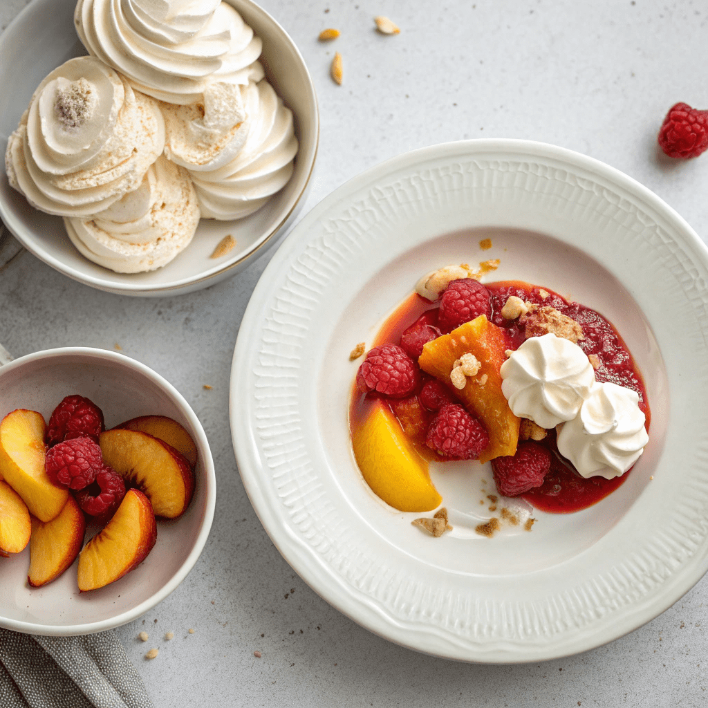 Ingredients for Meringues with Peach and Raspberry Compote