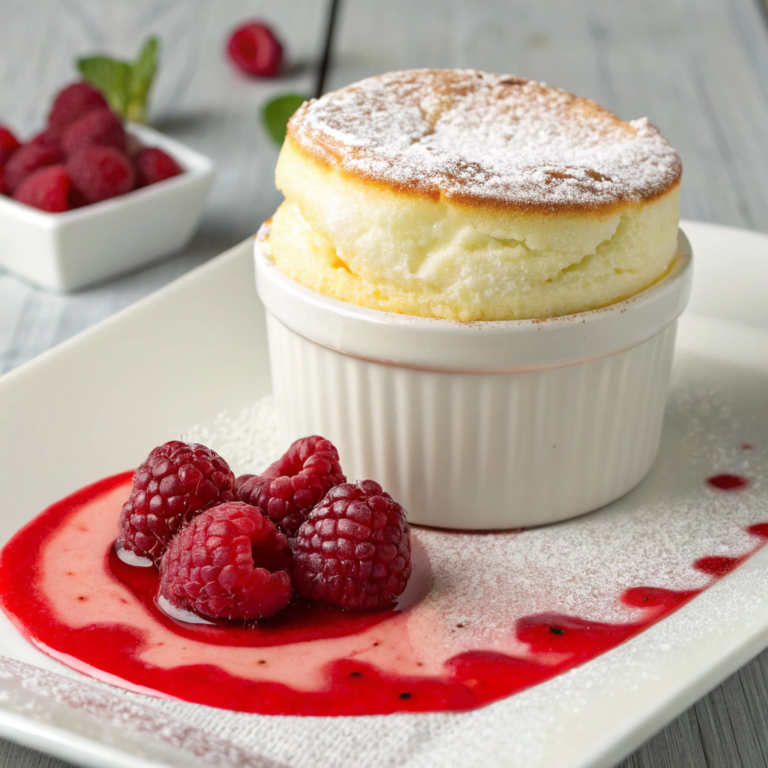 White Chocolate Soufflé with Raspberry Sauce