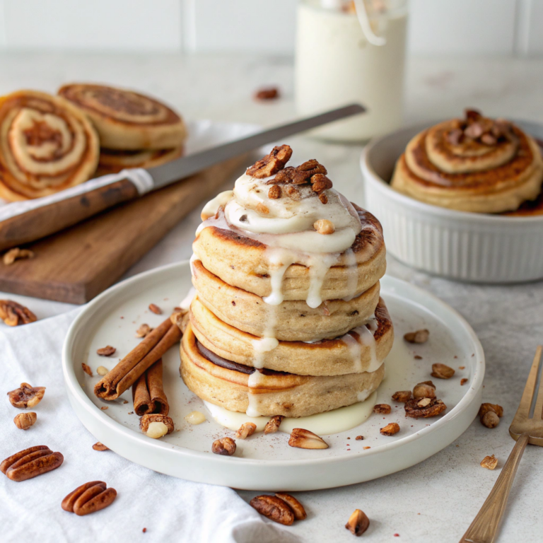 Cinnamon Roll Pancakes w/ Cream Cheese Glaze and Toasted Pecans