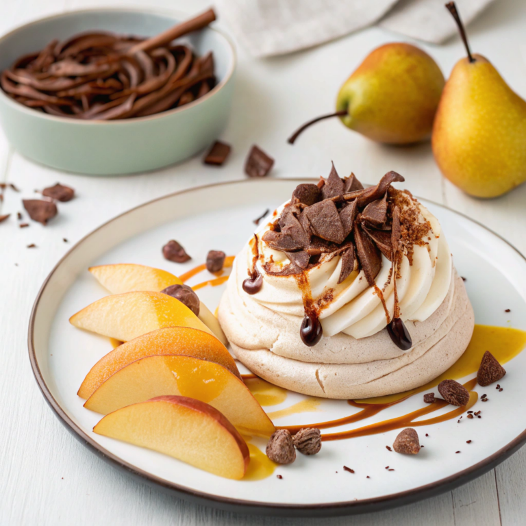 Chocolate Pavlova with Maple Poached Pears