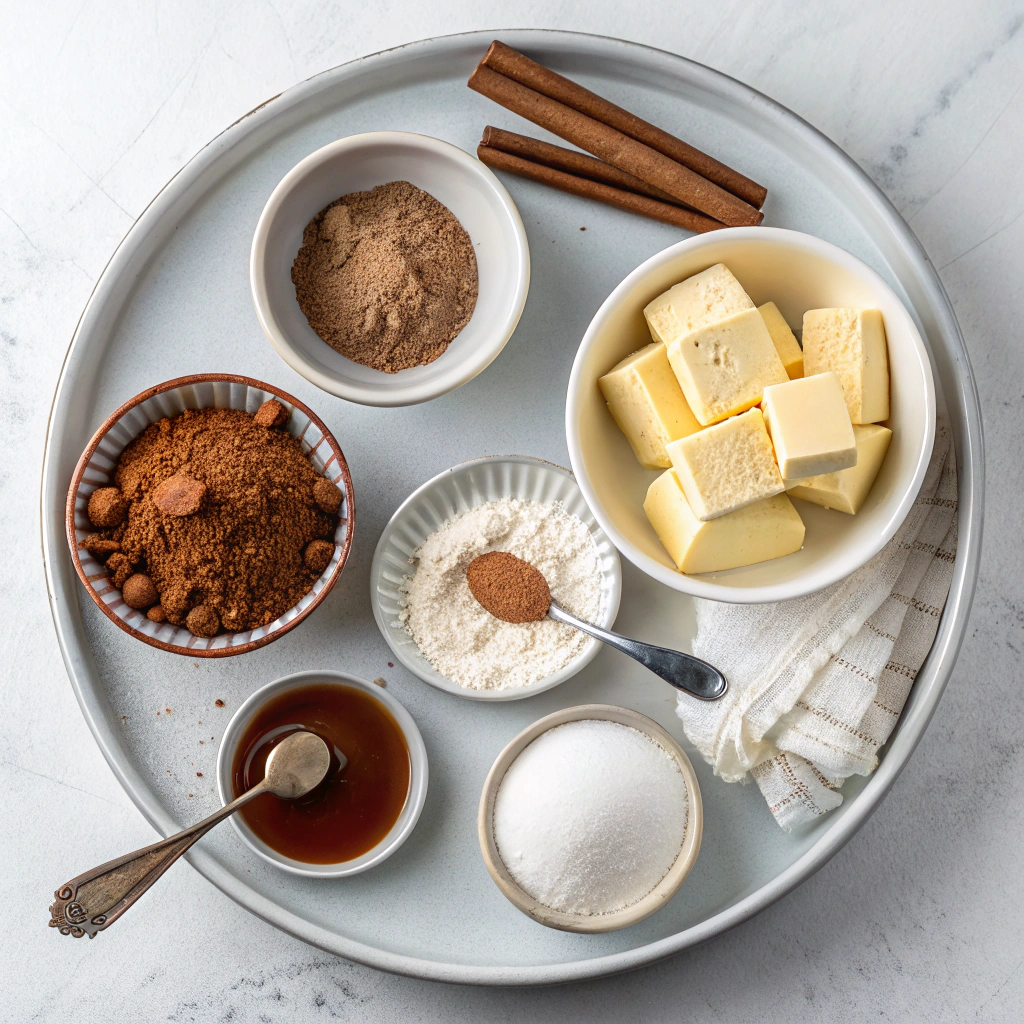 Ingredients for Cinnamon Roll Pancakes with Cream Cheese Glaze and Toasted Pecans